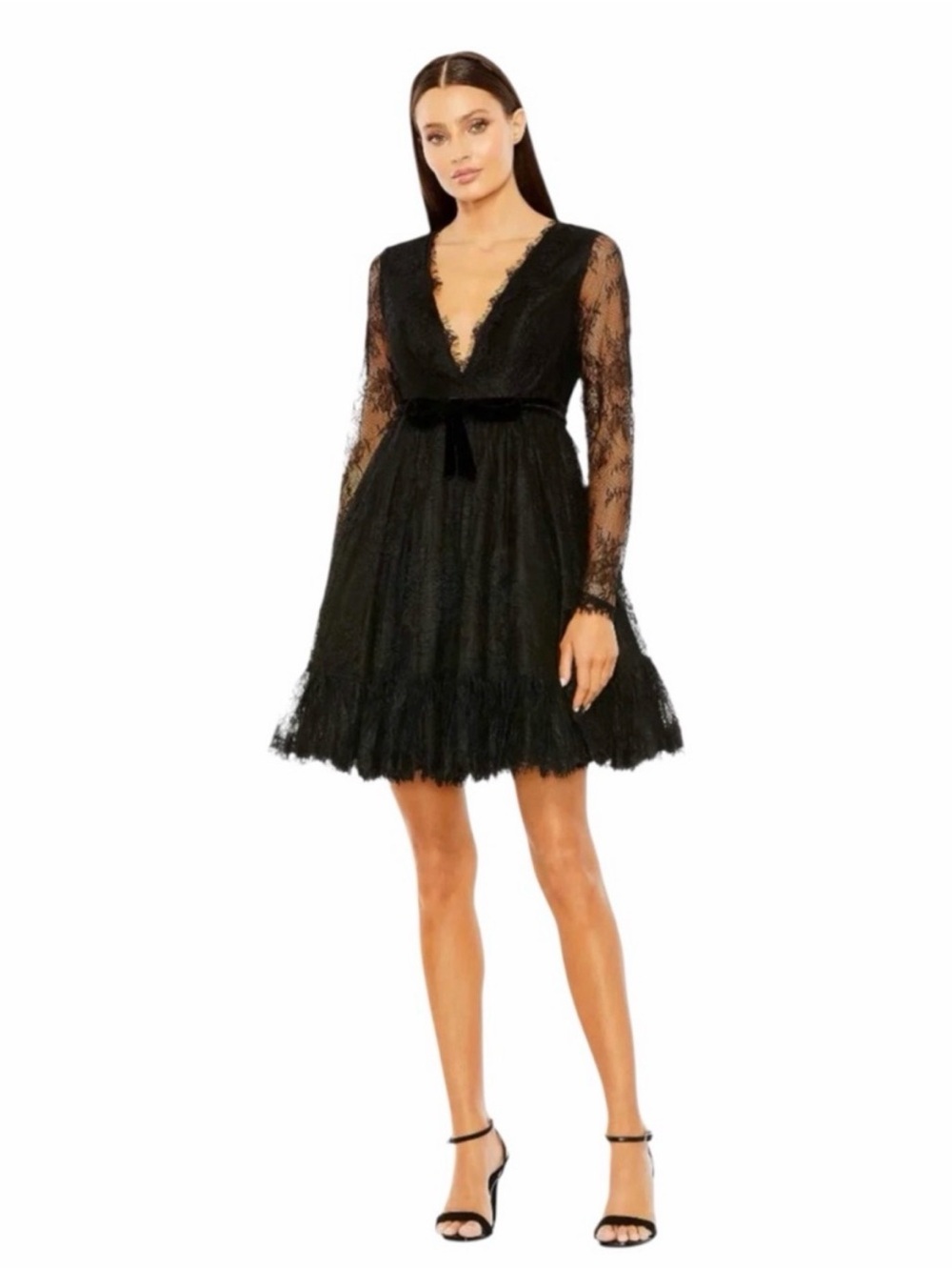 Mac Duggal Black Lace V-Neck Mini Dress with Velvet Waist Tie